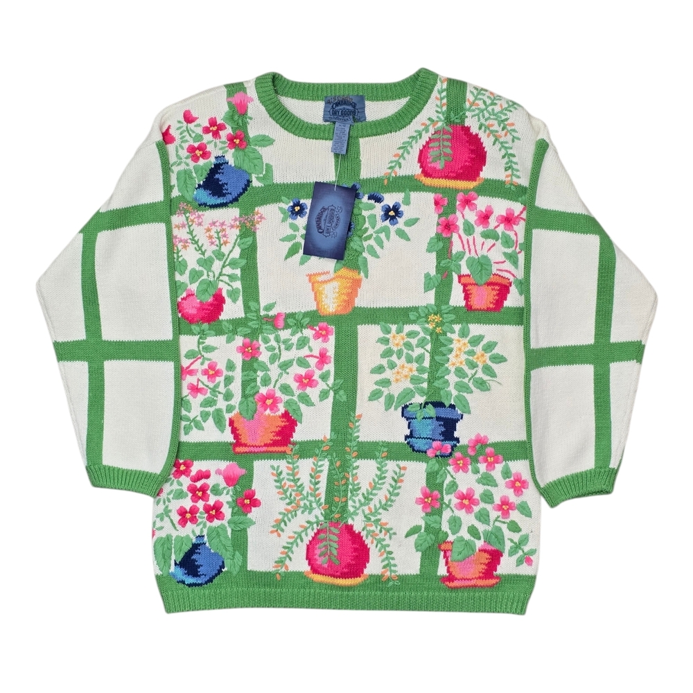 *VTG/NWT* 1992 CAMBRIDGE DRY GOODS Vintage Knit Greenhouse Plants Sweater